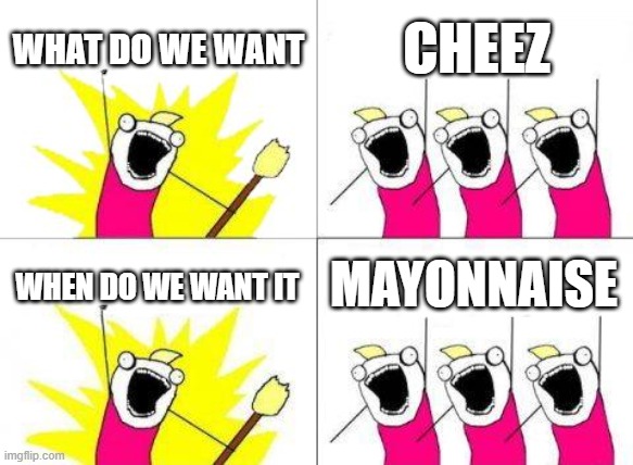 Sense no sense | WHAT DO WE WANT; CHEEZ; MAYONNAISE; WHEN DO WE WANT IT | image tagged in memes,what do we want | made w/ Imgflip meme maker