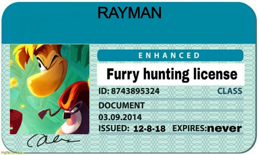 rayman more like basedman | RAYMAN | image tagged in furry hunting license,rayman,antifurry,turn furries into curry | made w/ Imgflip meme maker
