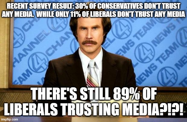 BREAKING NEWS | RECENT SURVEY RESULT: 30% OF CONSERVATIVES DON'T TRUST ANY MEDIA.  WHILE ONLY 11% OF LIBERALS DON'T TRUST ANY MEDIA; THERE'S STILL 89% OF LIBERALS TRUSTING MEDIA?!?! | image tagged in breaking news | made w/ Imgflip meme maker