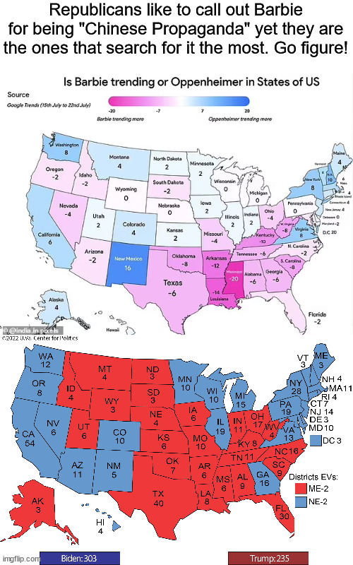 barbenheimer map is very similar to the 2023 us poltical party map | Republicans like to call out Barbie for being "Chinese Propaganda" yet they are the ones that search for it the most. Go figure! | image tagged in barbenheimer | made w/ Imgflip meme maker