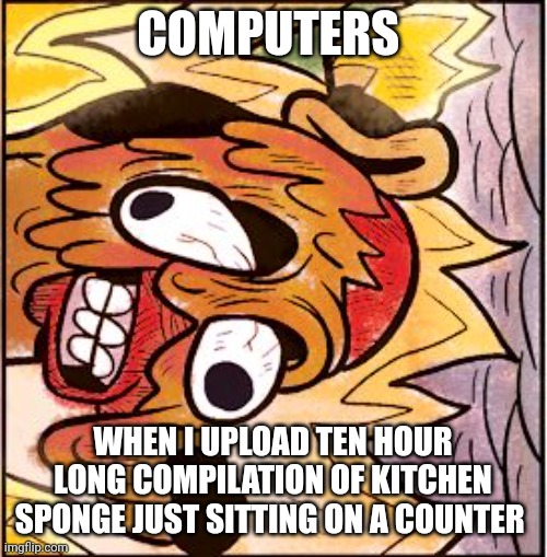 The sponge is just sitting there for ten hours!!!!!! | COMPUTERS; WHEN I UPLOAD TEN HOUR LONG COMPILATION OF KITCHEN SPONGE JUST SITTING ON A COUNTER | image tagged in this is fine face melt | made w/ Imgflip meme maker