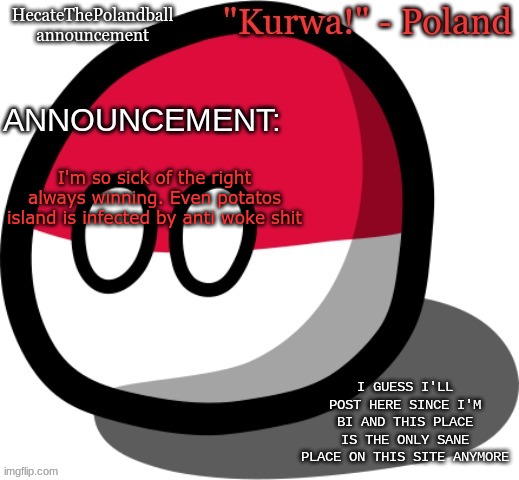 ughhh | I'm so sick of the right always winning. Even potatos island is infected by anti woke shit; I GUESS I'LL POST HERE SINCE I'M BI AND THIS PLACE IS THE ONLY SANE PLACE ON THIS SITE ANYMORE | image tagged in hecatethepolandball temp | made w/ Imgflip meme maker