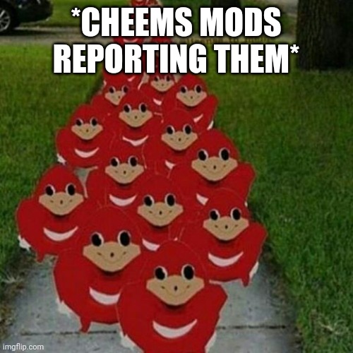 Ugandan knuckles army | *CHEEMS MODS REPORTING THEM* | image tagged in ugandan knuckles army | made w/ Imgflip meme maker