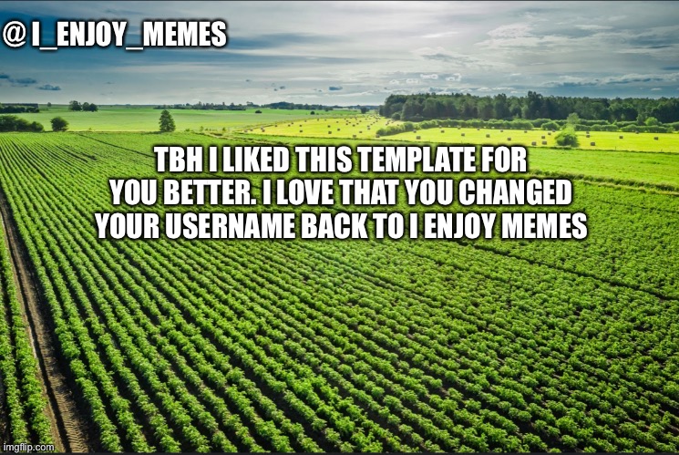 I_enjoy_memes_template | TBH I LIKED THIS TEMPLATE FOR YOU BETTER. I LOVE THAT YOU CHANGED YOUR USERNAME BACK TO I ENJOY MEMES | image tagged in i_enjoy_memes_template | made w/ Imgflip meme maker