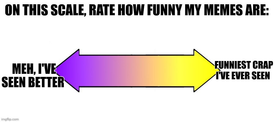 Feel free to rate my memes. (I'd love the feedback) | ON THIS SCALE, RATE HOW FUNNY MY MEMES ARE:; FUNNIEST CRAP I'VE EVER SEEN; MEH, I'VE SEEN BETTER | image tagged in rate it on a scale | made w/ Imgflip meme maker