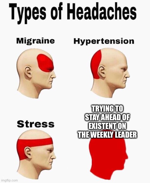 Headaches | TRYING TO STAY AHEAD OF EXISTENT ON THE WEEKLY LEADERBOARD | image tagged in headaches | made w/ Imgflip meme maker