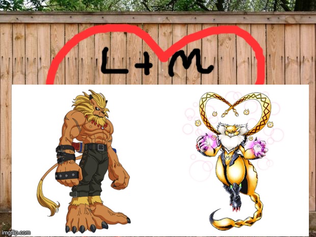 Another awesome Leomon x Meicrackmon picture | image tagged in fence | made w/ Imgflip meme maker
