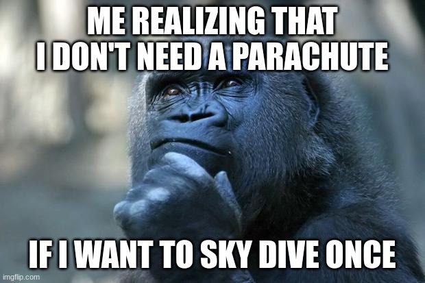 Deep Thoughts | ME REALIZING THAT I DON'T NEED A PARACHUTE; IF I WANT TO SKY DIVE ONCE | image tagged in deep thoughts | made w/ Imgflip meme maker