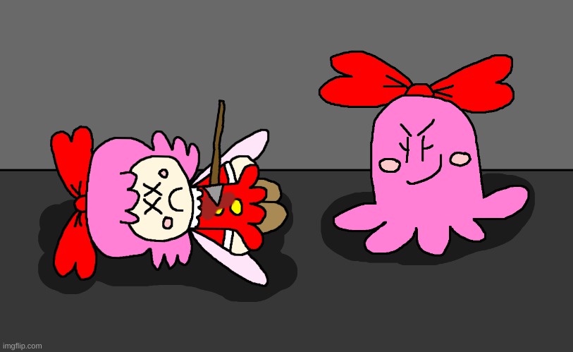 Chuchu killed Ribbon with a Spear | image tagged in kirby,murder,blood,gore,funny,fanart | made w/ Imgflip meme maker