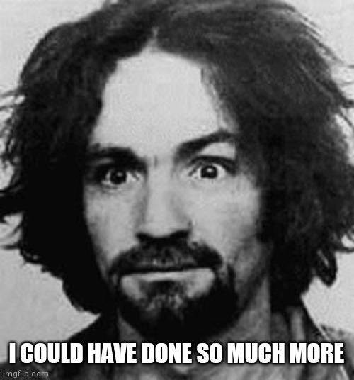 charles manson | I COULD HAVE DONE SO MUCH MORE | image tagged in charles manson | made w/ Imgflip meme maker