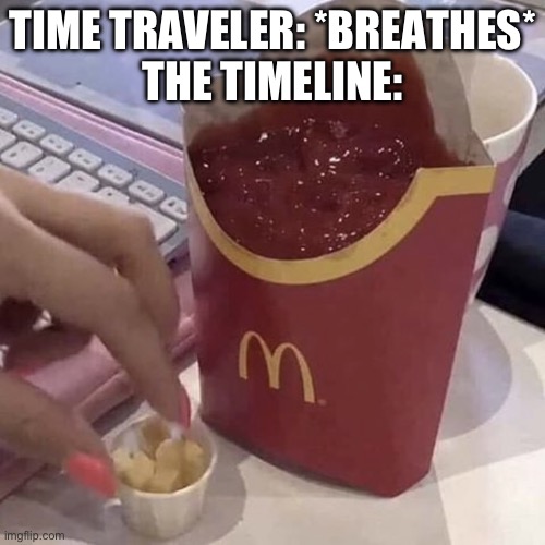 Ketchup with a side of fries | TIME TRAVELER: *BREATHES*
THE TIMELINE: | image tagged in ketchup with a side of fries | made w/ Imgflip meme maker