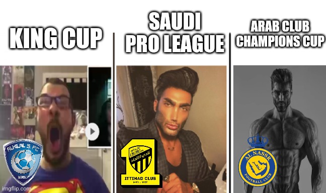No hate for Al-Hilal | KING CUP; SAUDI PRO LEAGUE; ARAB CLUB CHAMPIONS CUP | image tagged in nerd vs chad vs giga chad,al hilal,al ittihad,al nassr,saudi arabia,futbol | made w/ Imgflip meme maker
