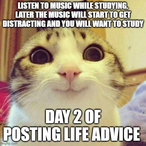 Cant make you happier now | LISTEN TO MUSIC WHILE STUDYING. LATER THE MUSIC WILL START TO GET DISTRACTING AND YOU WILL WANT TO STUDY; DAY 2 OF POSTING LIFE ADVICE | image tagged in memes,smiling cat | made w/ Imgflip meme maker