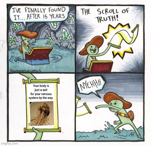The Scroll Of Truth Meme | Your body is just a suit for your nervous system by the way. | image tagged in memes,odd,system | made w/ Imgflip meme maker