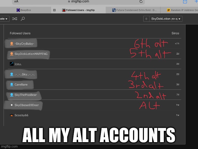 The alts are highlighted in white | ALL MY ALT ACCOUNTS | image tagged in alt accounts,alts,skyocean | made w/ Imgflip meme maker