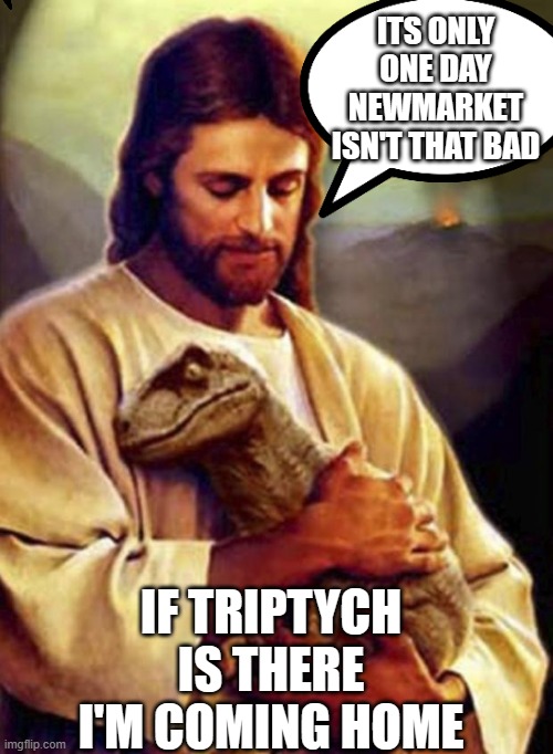 Jesus hugging a dinosaur | ITS ONLY ONE DAY NEWMARKET ISN'T THAT BAD; IF TRIPTYCH IS THERE I'M COMING HOME | image tagged in jesus hugging a dinosaur | made w/ Imgflip meme maker