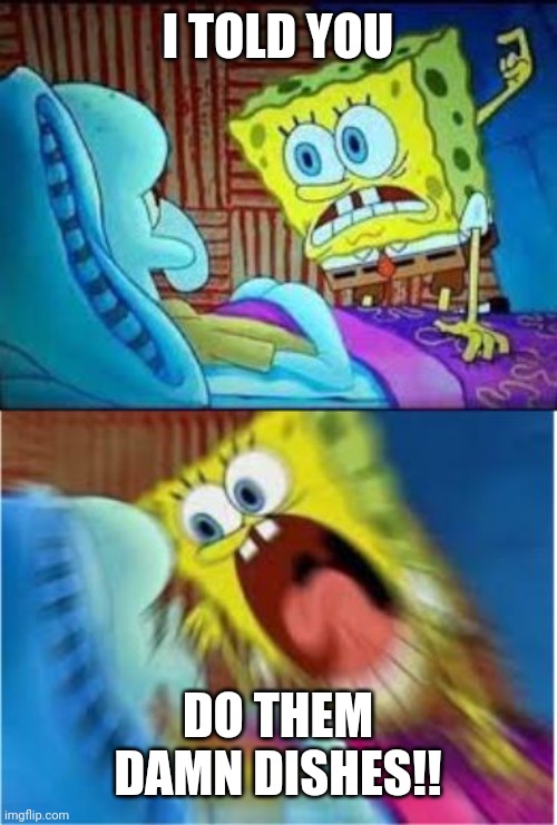 Do them dishes | I TOLD YOU; DO THEM DAMN DISHES!! | image tagged in spongebob screaming meme | made w/ Imgflip meme maker