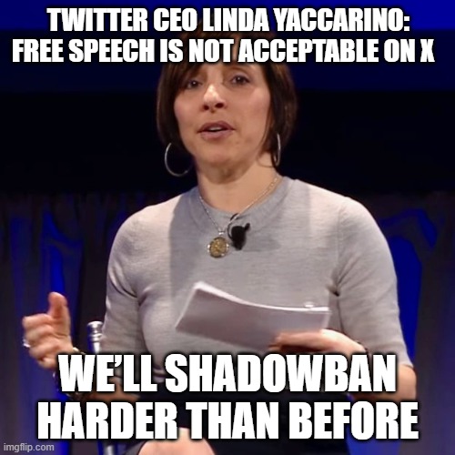 Shadowban Hell | TWITTER CEO LINDA YACCARINO: FREE SPEECH IS NOT ACCEPTABLE ON X; WE’LL SHADOWBAN HARDER THAN BEFORE | image tagged in shadowban hell | made w/ Imgflip meme maker