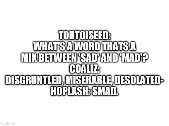 Blank White Template | TORTOISEED: WHAT'S A WORD THATS A MIX BETWEEN 'SAD' AND 'MAD'?
COALIZ: DISGRUNTLED, MISERABLE, DESOLATED-
HOPLASH: SMAD. | image tagged in blank white template | made w/ Imgflip meme maker