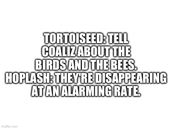 Blank White Template | TORTOISEED: TELL COALIZ ABOUT THE BIRDS AND THE BEES.
HOPLASH: THEY'RE DISAPPEARING AT AN ALARMING RATE. | image tagged in blank white template | made w/ Imgflip meme maker