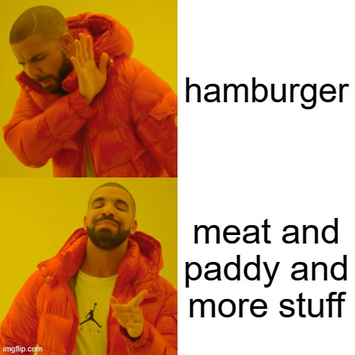 Drake Hotline Bling | hamburger; meat and paddy and more stuff | image tagged in memes,drake hotline bling | made w/ Imgflip meme maker