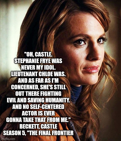 Castle on Fandom | "OH, CASTLE. STEPHANIE FRYE WAS NEVER MY IDOL. LIEUTENANT CHLOE WAS. AND AS FAR AS I'M CONCERNED, SHE'S STILL OUT THERE FIGHTING EVIL AND SAVING HUMANITY. AND NO SELF-CENTERED ACTOR IS EVER GONNA TAKE THAT FROM ME."
BECKETT, CASTLE SEASON 5, "THE FINAL FRONTIER | image tagged in fandoms,star trek,castle,quotes | made w/ Imgflip meme maker