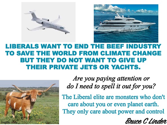 Private Jets vs Cattle | LIBERALS WANT TO END THE BEEF INDUSTRY
TO SAVE THE WORLD FROM CLIMATE CHANGE
BUT THEY DO NOT WANT TO GIVE UP
THEIR PRIVATE JETS OR YACHTS. Are you paying attention or do I need to spell it out for you? The Liberal elite are monsters who don't
care about you or even planet earth.
They only care about power and control; Bruce C Linder | image tagged in elitism,private jet,private yacht,cattle,power,control | made w/ Imgflip meme maker