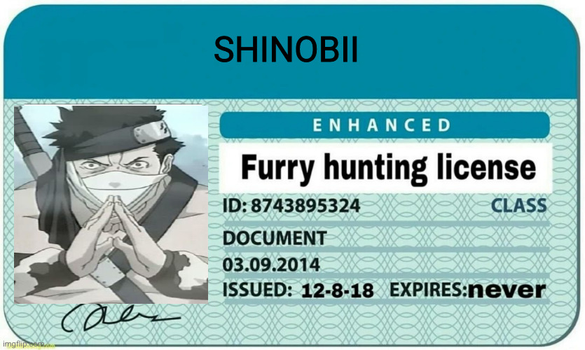 it's my honor to do so | SHINOBII | image tagged in furry hunting license,shinobii,your welcome,furries,i will find you and i will kill you,community service | made w/ Imgflip meme maker