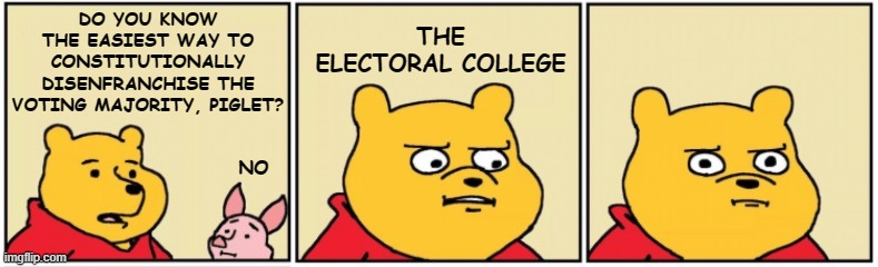 Sad but true. | THE ELECTORAL COLLEGE; DO YOU KNOW THE EASIEST WAY TO CONSTITUTIONALLY DISENFRANCHISE THE VOTING MAJORITY, PIGLET? NO | image tagged in pooh-piglet,electoral college | made w/ Imgflip meme maker
