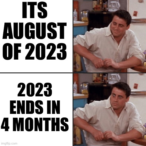 2022 was kinda better ngl | ITS AUGUST OF 2023; 2023 ENDS IN 4 MONTHS | image tagged in joey friends | made w/ Imgflip meme maker