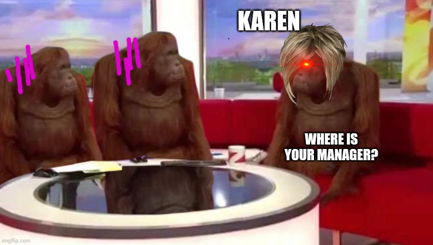 Monk-aren | KAREN; WHERE IS YOUR MANAGER? | image tagged in where monkey,karen | made w/ Imgflip meme maker