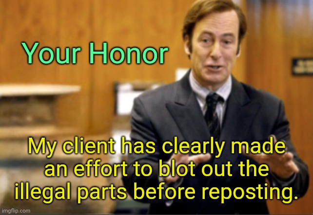 . | Your Honor; My client has clearly made an effort to blot out the illegal parts before reposting. | image tagged in saul goodman defending | made w/ Imgflip meme maker