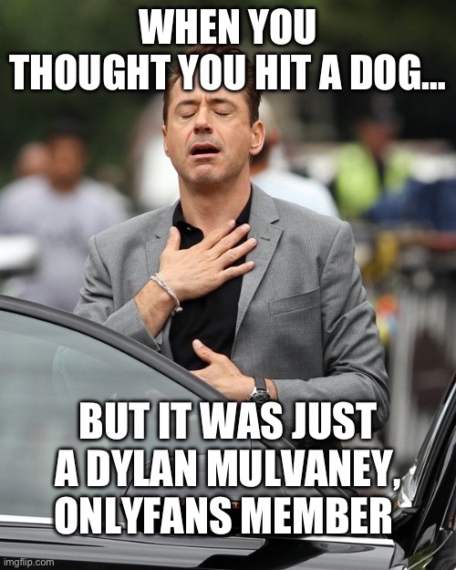 Relief | WHEN YOU THOUGHT YOU HIT A DOG…; BUT IT WAS JUST A DYLAN MULVANEY, ONLYFANS MEMBER | image tagged in relief,onlyfans,maga,republicans,donald trump | made w/ Imgflip meme maker