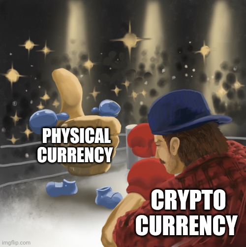 Crypto currency is the way of the future | PHYSICAL CURRENCY; CRYPTO CURRENCY | image tagged in mrballen vs the like button,cryptocurrency | made w/ Imgflip meme maker