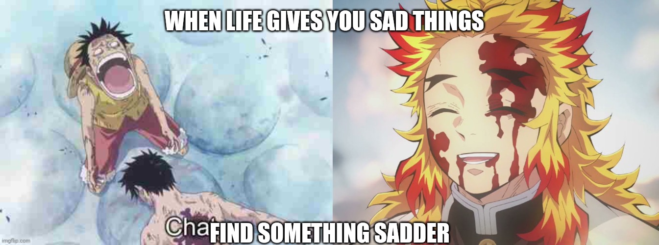 I deleted my Ed Sheeran Concert videos so here I am making this meme | WHEN LIFE GIVES YOU SAD THINGS; FIND SOMETHING SADDER | image tagged in rengoku death,one piece dead ace,memes,sad | made w/ Imgflip meme maker