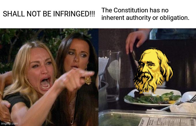 Woman Yelling At Cat Meme | SHALL NOT BE INFRINGED!!! The Constitution has no inherent authority or obligation. | image tagged in memes,woman yelling at cat | made w/ Imgflip meme maker