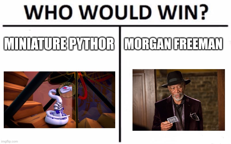 Tiny pythor vs Morgan Freeman | MINIATURE PYTHOR; MORGAN FREEMAN | image tagged in memes,who would win | made w/ Imgflip meme maker