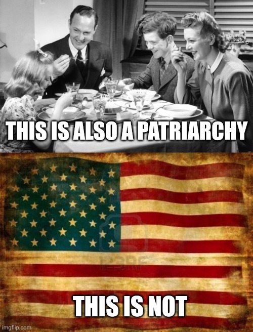 THIS IS NOT THIS IS ALSO A PATRIARCHY | image tagged in family dinner,old american flag | made w/ Imgflip meme maker
