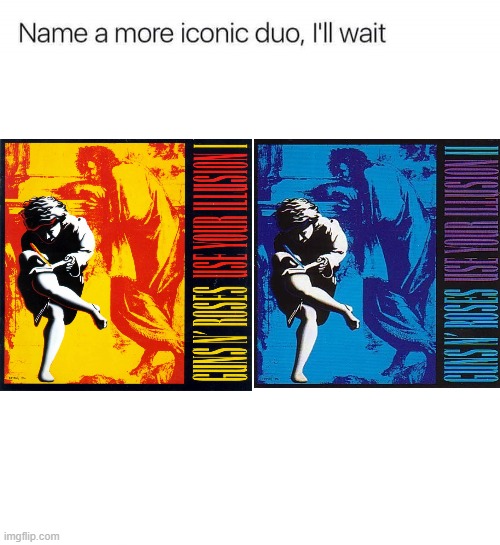 personally, I think LYI 1 is better | image tagged in name a more iconic duo i'll wait,guns n roses,lose your illusion | made w/ Imgflip meme maker