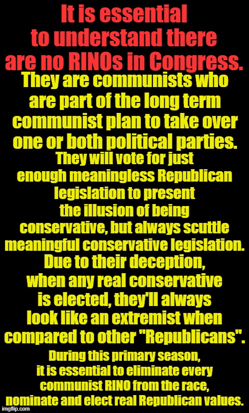 Mike Pence should never have been Vice President. Think about who else needs to go, especially within leadership, and act on it. | It is essential to understand there are no RINOs in Congress. They are communists who are part of the long term communist plan to take over one or both political parties. They will vote for just enough meaningless Republican legislation to present the illusion of being conservative, but always scuttle meaningful conservative legislation. Due to their deception, when any real conservative is elected, they'll always look like an extremist when compared to other "Republicans". During this primary season, it is essential to eliminate every communist RINO from the race, nominate and elect real Republican values. | image tagged in double long black template | made w/ Imgflip meme maker