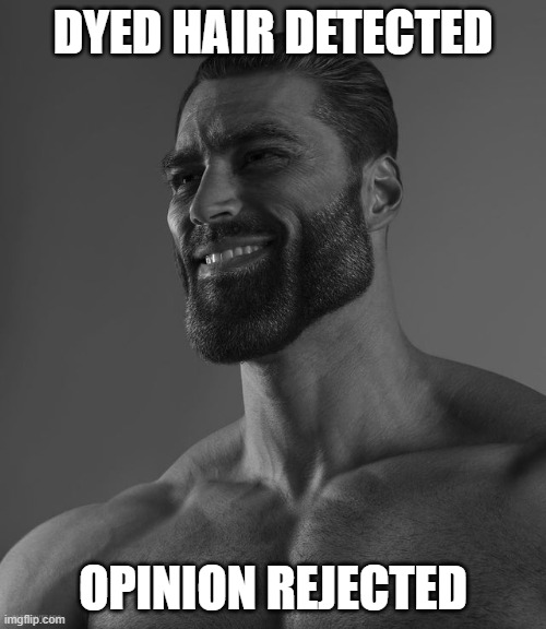 Giga Chad | DYED HAIR DETECTED; OPINION REJECTED | image tagged in giga chad | made w/ Imgflip meme maker