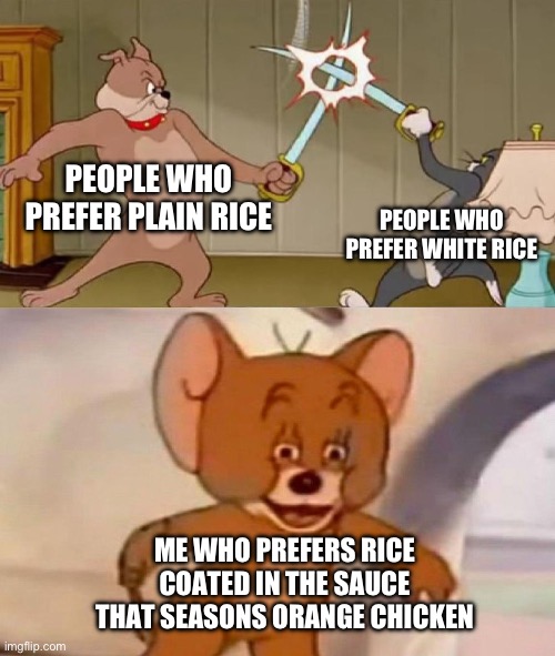 Good stuff ngl | PEOPLE WHO PREFER PLAIN RICE; PEOPLE WHO PREFER WHITE RICE; ME WHO PREFERS RICE COATED IN THE SAUCE THAT SEASONS ORANGE CHICKEN | image tagged in tom and jerry swordfight | made w/ Imgflip meme maker