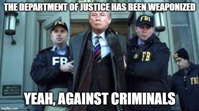 Trump in Handcuffs | THE DEPARTMENT OF JUSTICE HAS BEEN WEAPONIZED; YEAH, AGAINST CRIMINALS | image tagged in trump in handcuffs,trump,trump indictment,indictment,republicans | made w/ Imgflip meme maker