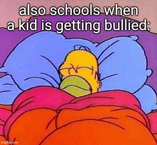 Homer Simpson sleeping peacefully | also schools when a kid is getting bullied: | image tagged in homer simpson sleeping peacefully | made w/ Imgflip meme maker