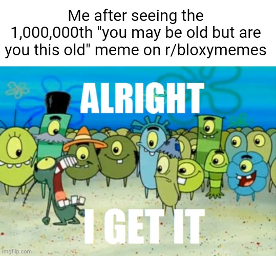 Im tired of seeing it | Me after seeing the 1,000,000th "you may be old but are you this old" meme on r/bloxymemes | image tagged in alright i get it | made w/ Imgflip meme maker
