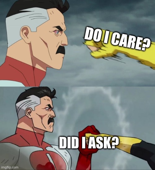 do i care will never work now | DO I CARE? DID I ASK? | image tagged in omni man blocks punch | made w/ Imgflip meme maker