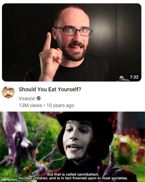 Vsauce caught in 4k | image tagged in willy wonka cannibalism | made w/ Imgflip meme maker