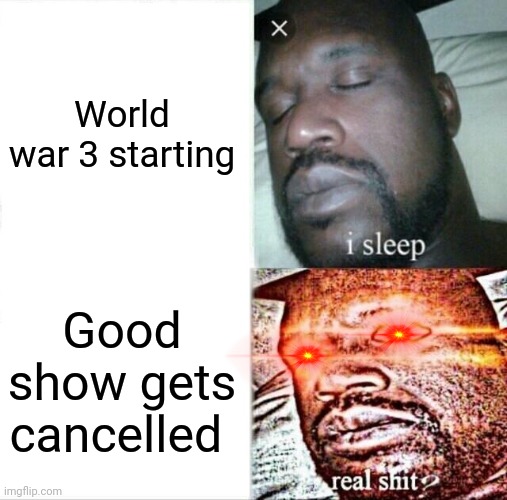 Sleeping Shaq Meme | World war 3 starting; Good show gets cancelled | image tagged in memes,sleeping shaq | made w/ Imgflip meme maker