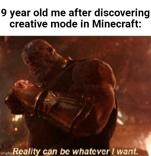 :0 | 9 year old me after discovering creative mode in Minecraft: | image tagged in reality can be whatever i want,minecraft | made w/ Imgflip meme maker