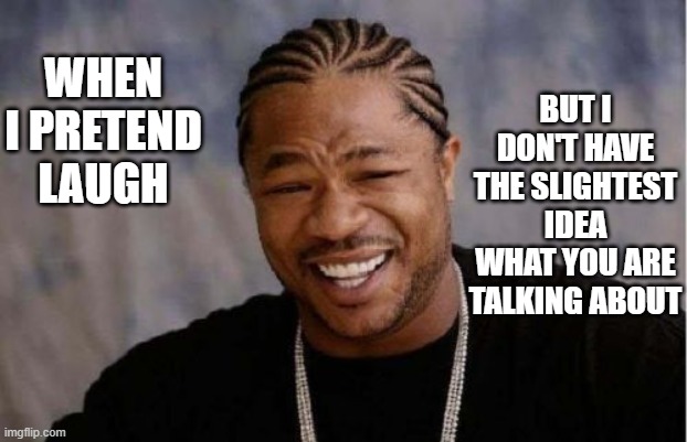 Yo Dawg Heard You Meme | BUT I DON'T HAVE THE SLIGHTEST IDEA WHAT YOU ARE TALKING ABOUT; WHEN I PRETEND LAUGH | image tagged in memes,yo dawg heard you | made w/ Imgflip meme maker